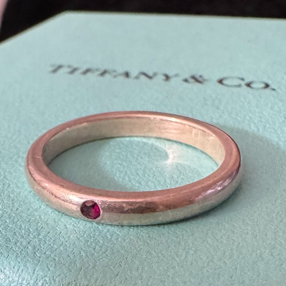 Tiffany & Co. Authentic Ruby Stackable Band 925 Silver Ring